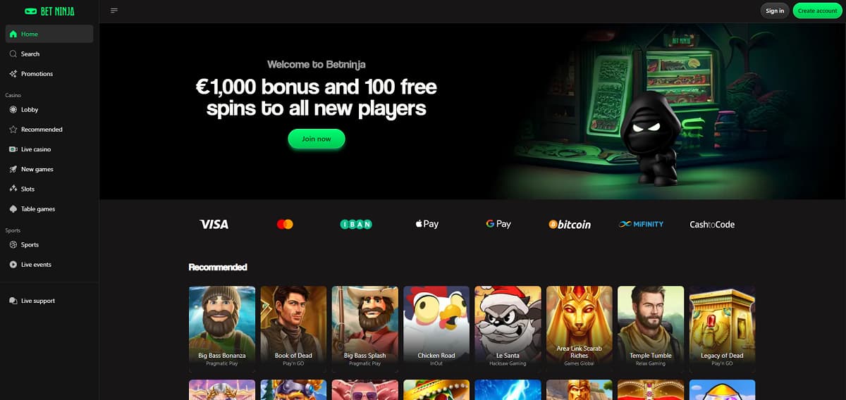 Betninja Casino-Startseite mit einem Cartoon-Ninja vor einem verschneiten Automaten, der einen 1.000 € Bonus und 100 Freispiele für neue Spieler bewirbt. Die dunkle Oberfläche bietet Navigation für Slots, Live-Casino, Tischspiele und empfohlene Titel wie Book of Dead, Sugar Rush 1000 und Big Bass Bonanza.